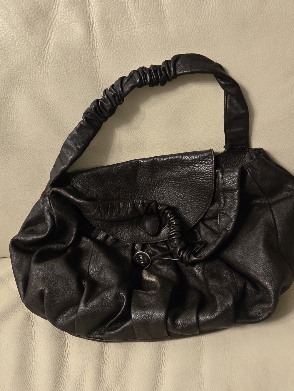 Vintage Furla Black Ruched Leather Shoulder Bag